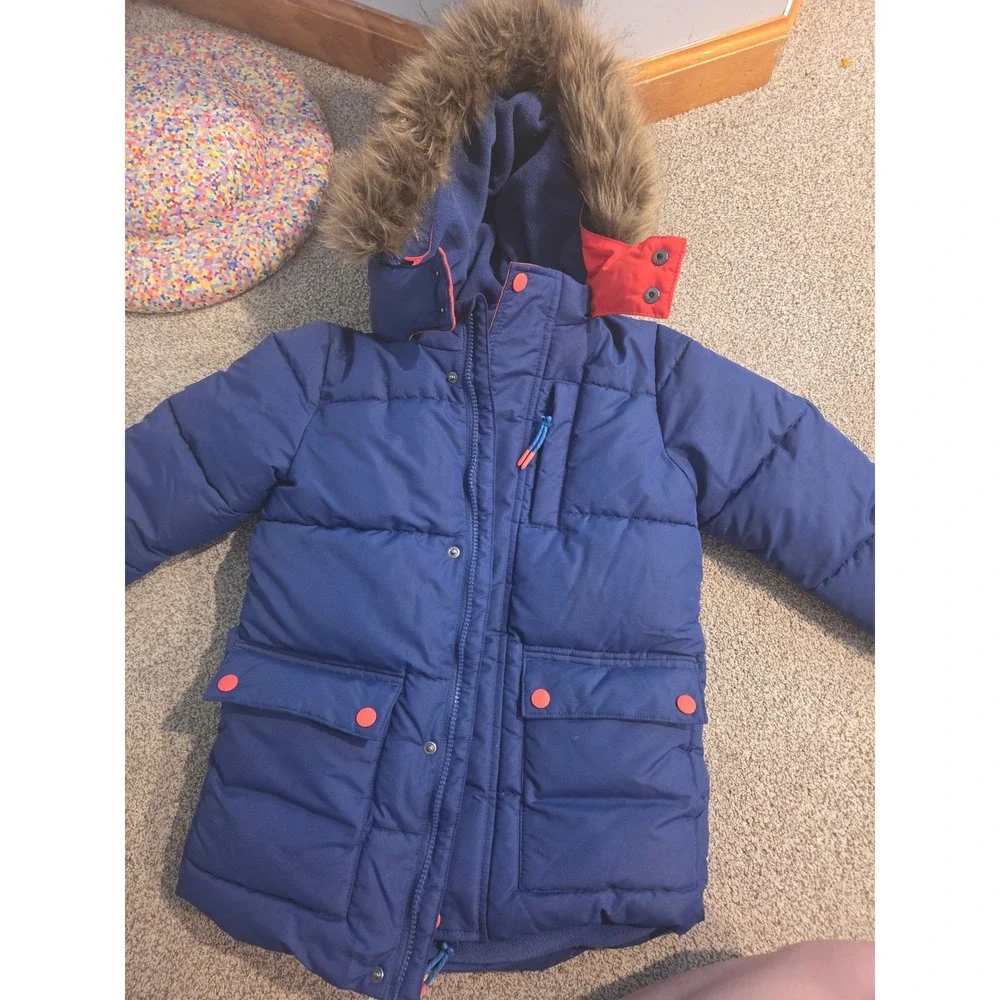 Mini Boden Boys Blue Puffer Parka Faux Fur Hood Fleece Lined Winter Coat 5-6Y